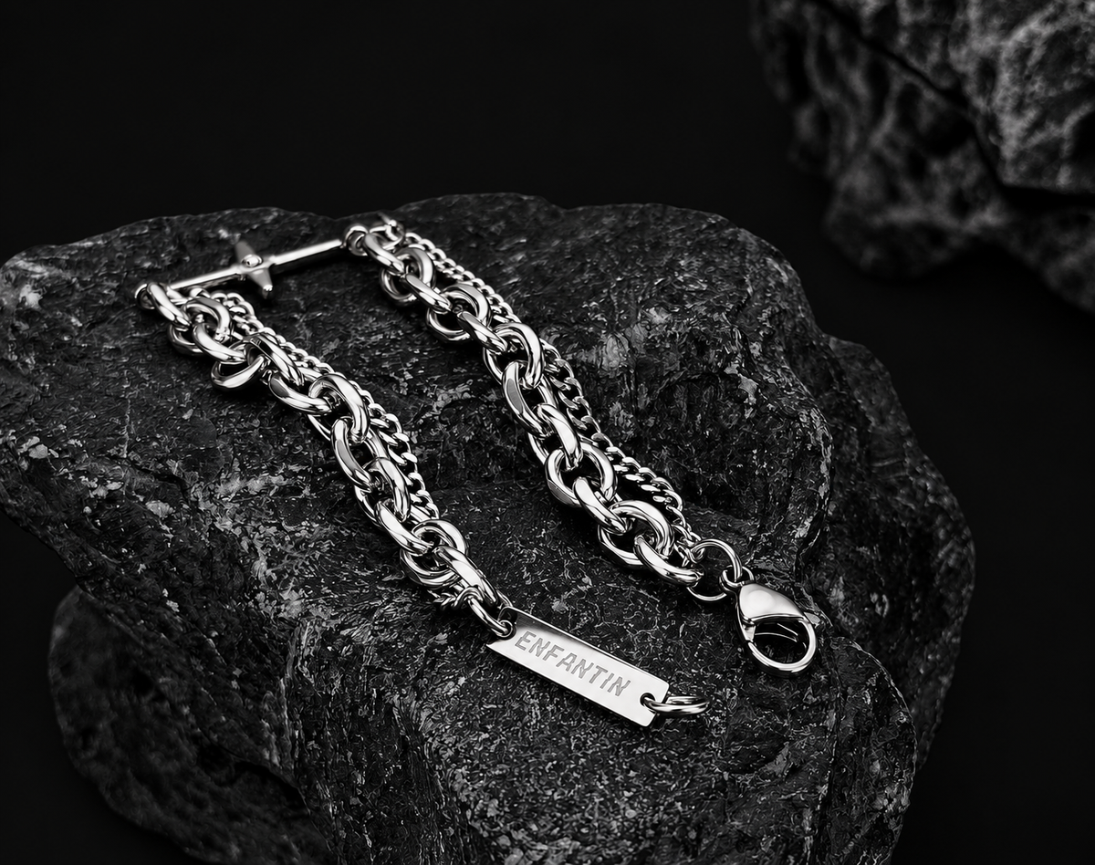 Hades double-chain 925 silver bracelet with star bar and lobster clasp