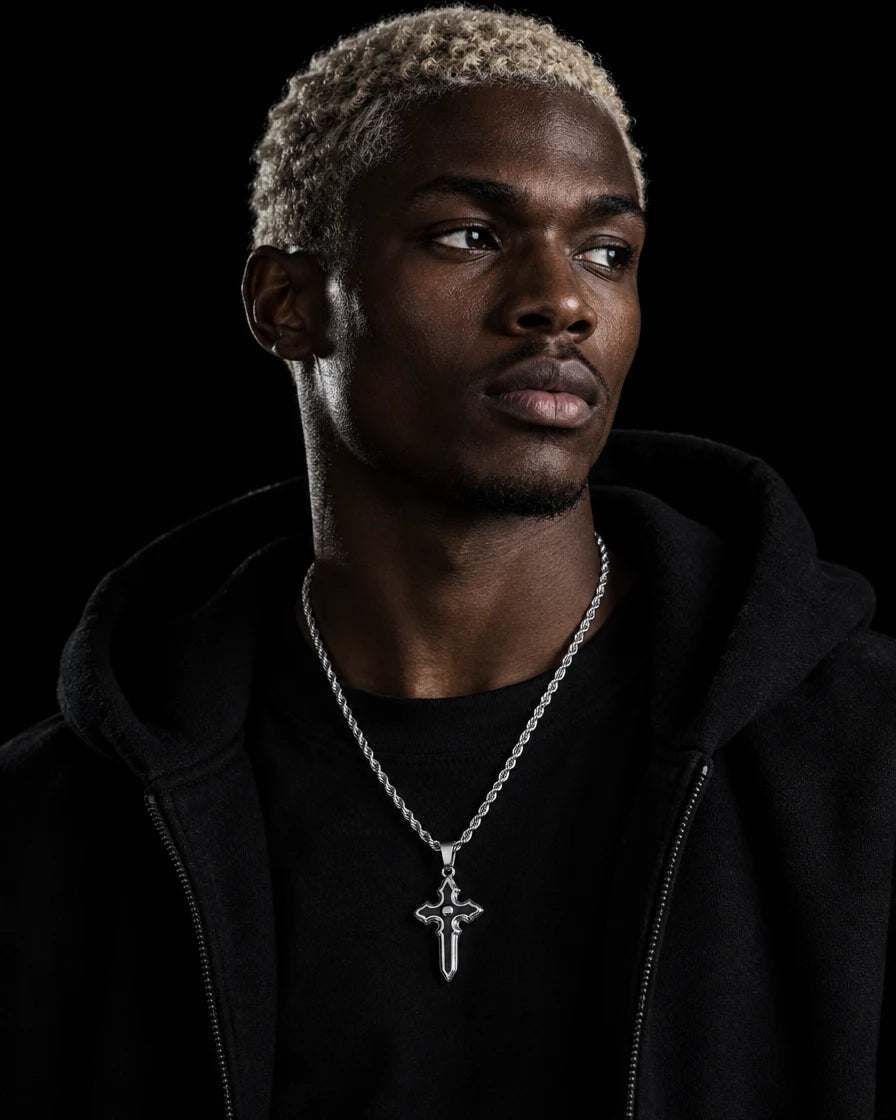Ares necklace worn with black streetwear.