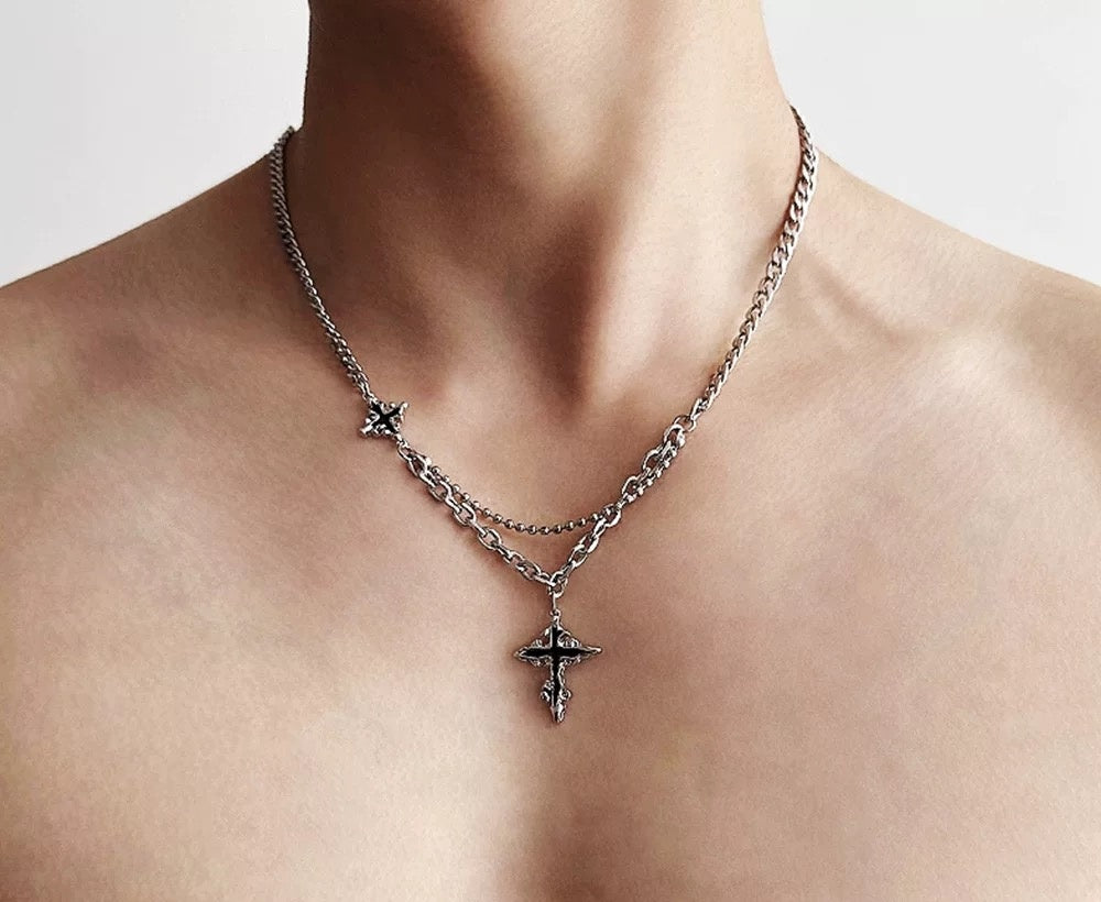 Hypnos double-chain 925 silver necklace with melting cross