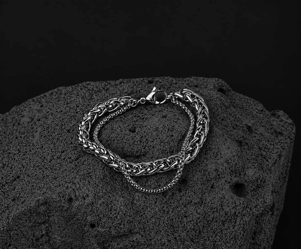 Orcus 925 silver bracelet with wheat chain and fine box chain layered together