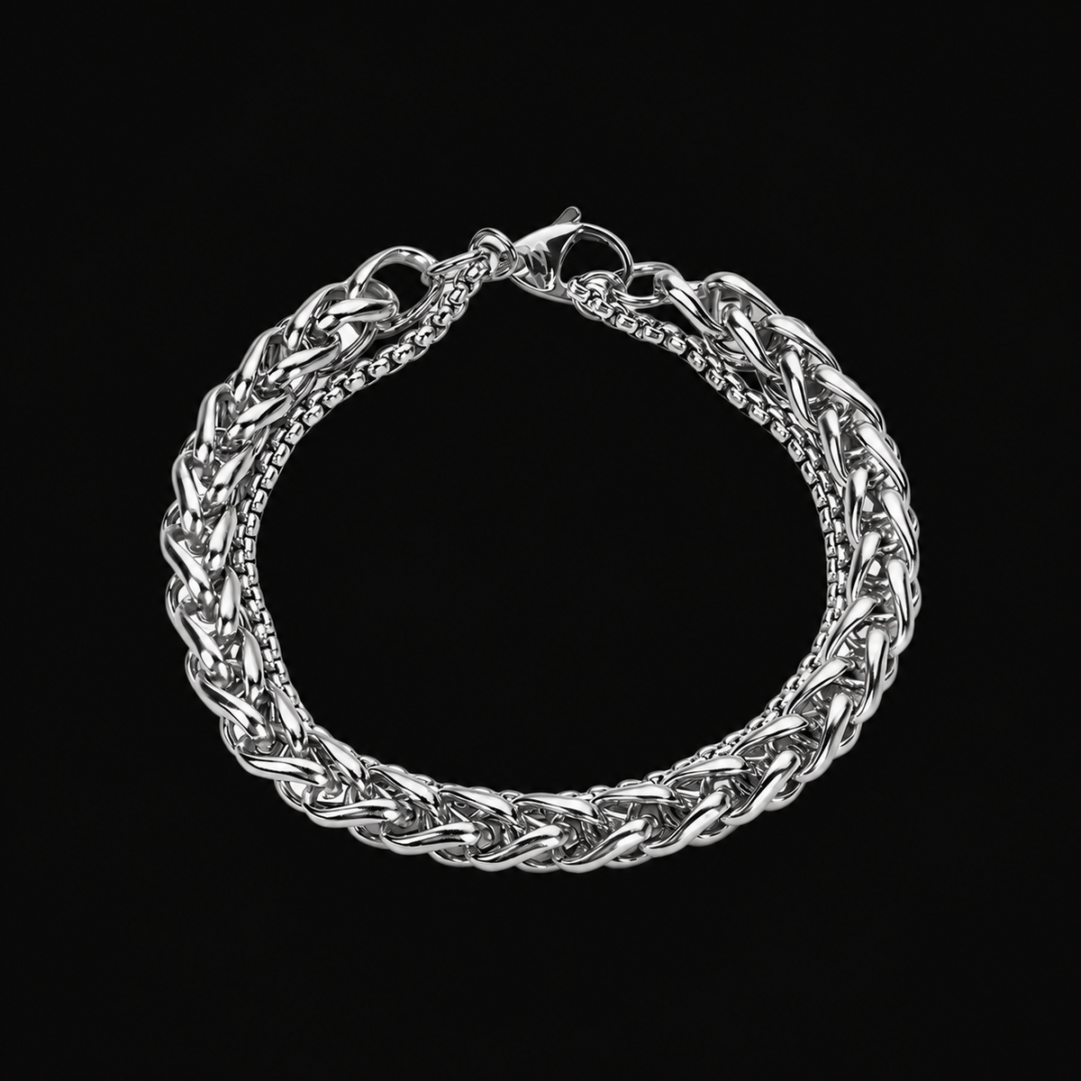 Orcus twisted wheat-chain and box-chain bracelet in polished 925 silver
