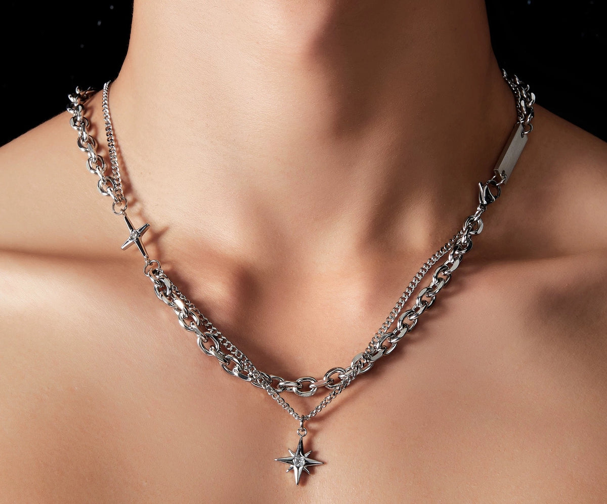 Nyx layered 925 silver necklace with cross and star pendant