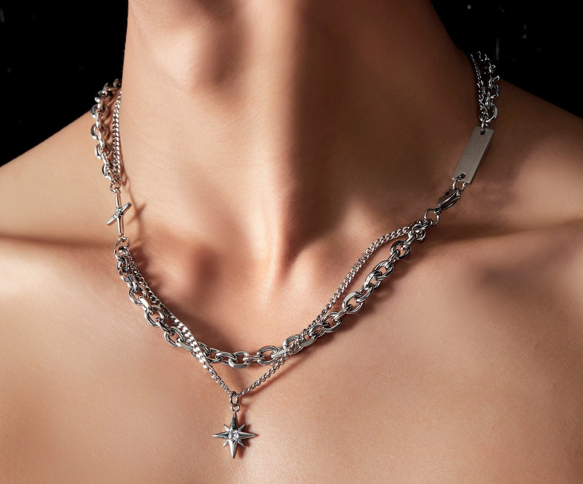 Nyx polished silver curb and cable chains with star pendant