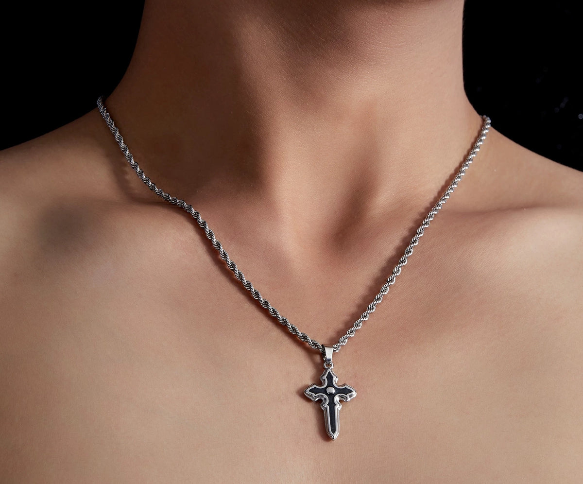 Ares silver cross necklace with dark drip-glaze finish