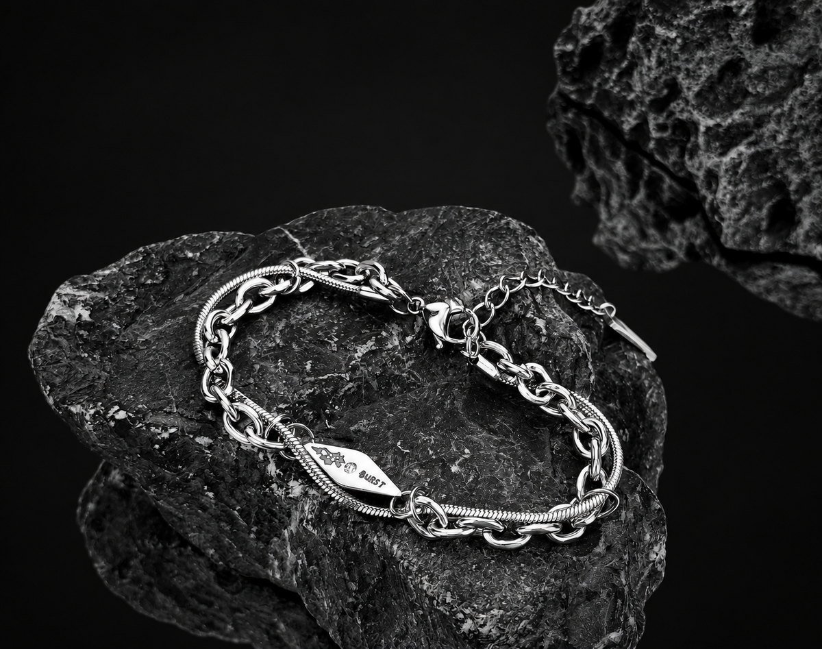 Vulcan 925 silver snake and curb double-chain bracelet with extender