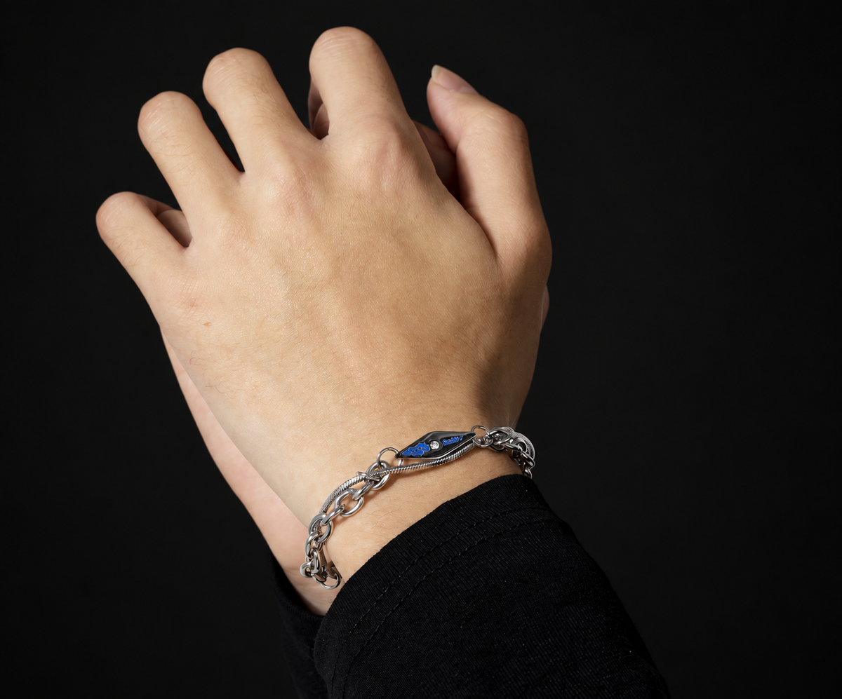 Vulcan men's 925 silver bracelet with blue enamel centrepiece worn on the wrist