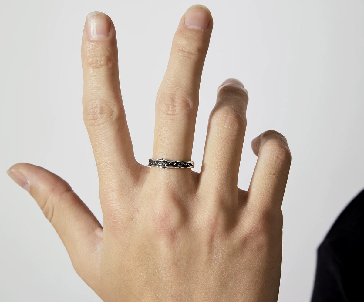 Chaos oxidized silver adjustable ring with dark recessed details