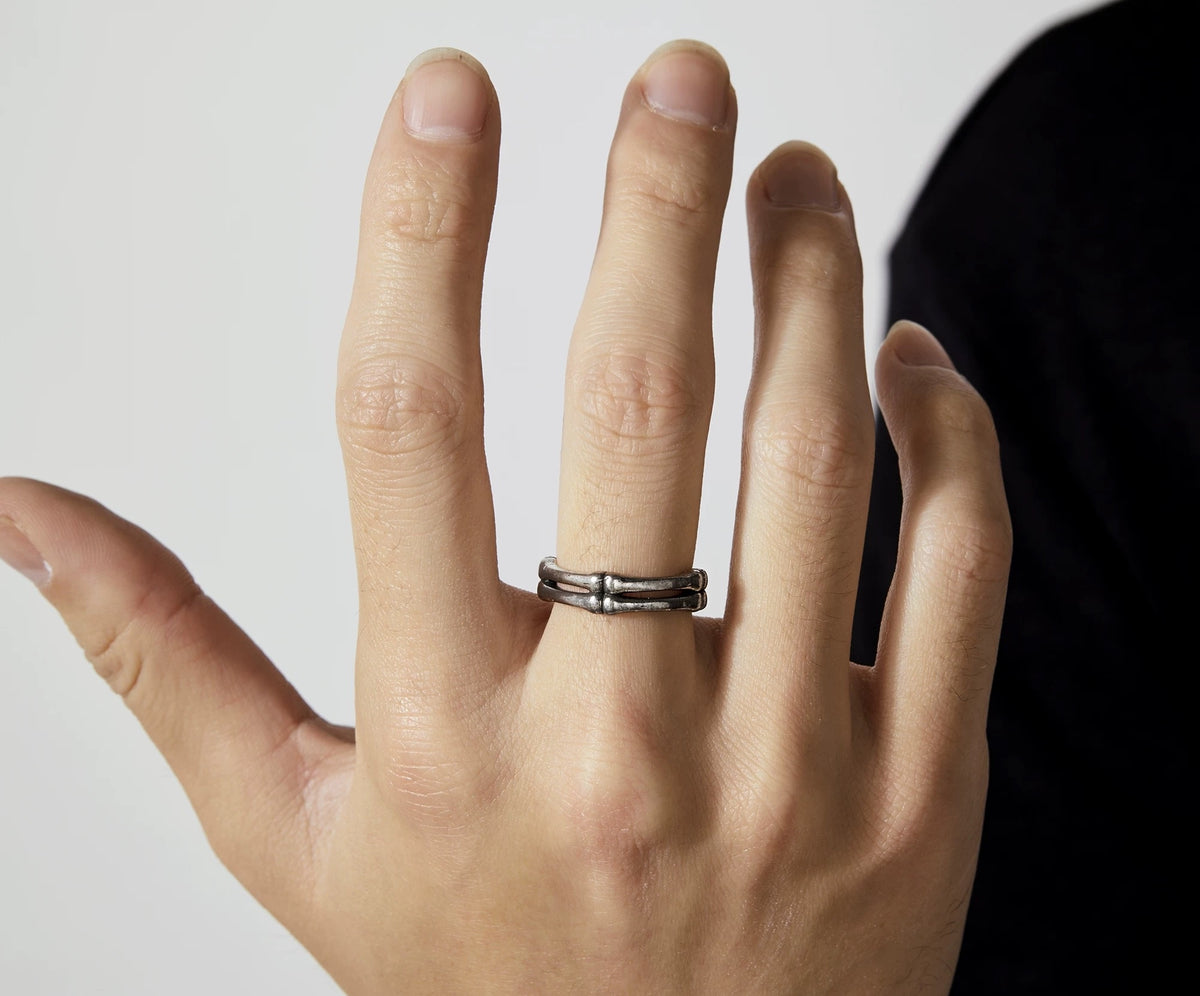 Ossa polished silver open ring with bone-inspired details