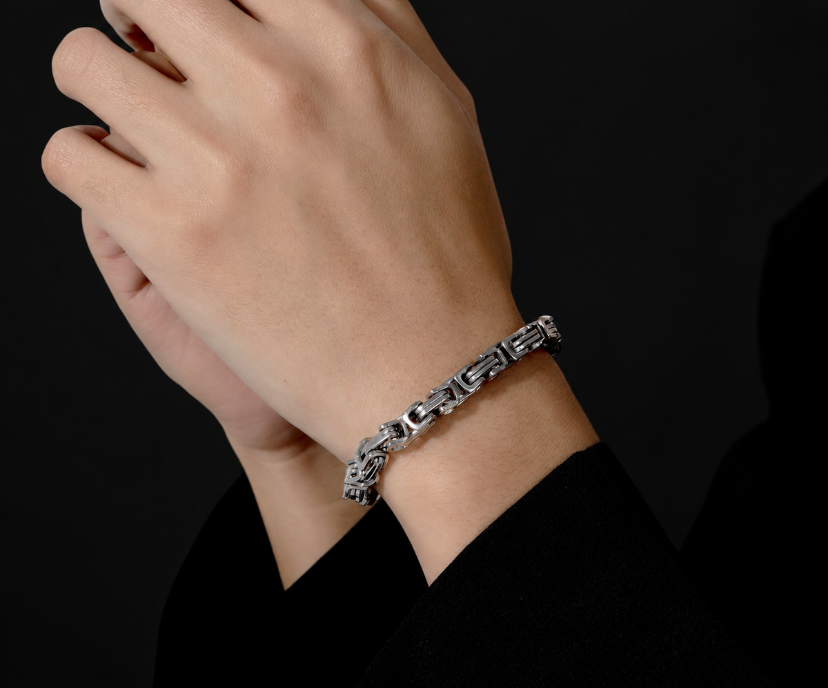 Cerberus men's 925 sterling silver link bracelet worn on the wrist