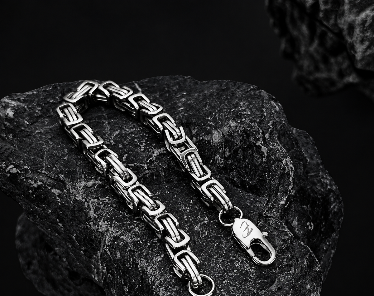 Cerberus sterling silver bracelet with squared interlocking links and lobster clasp