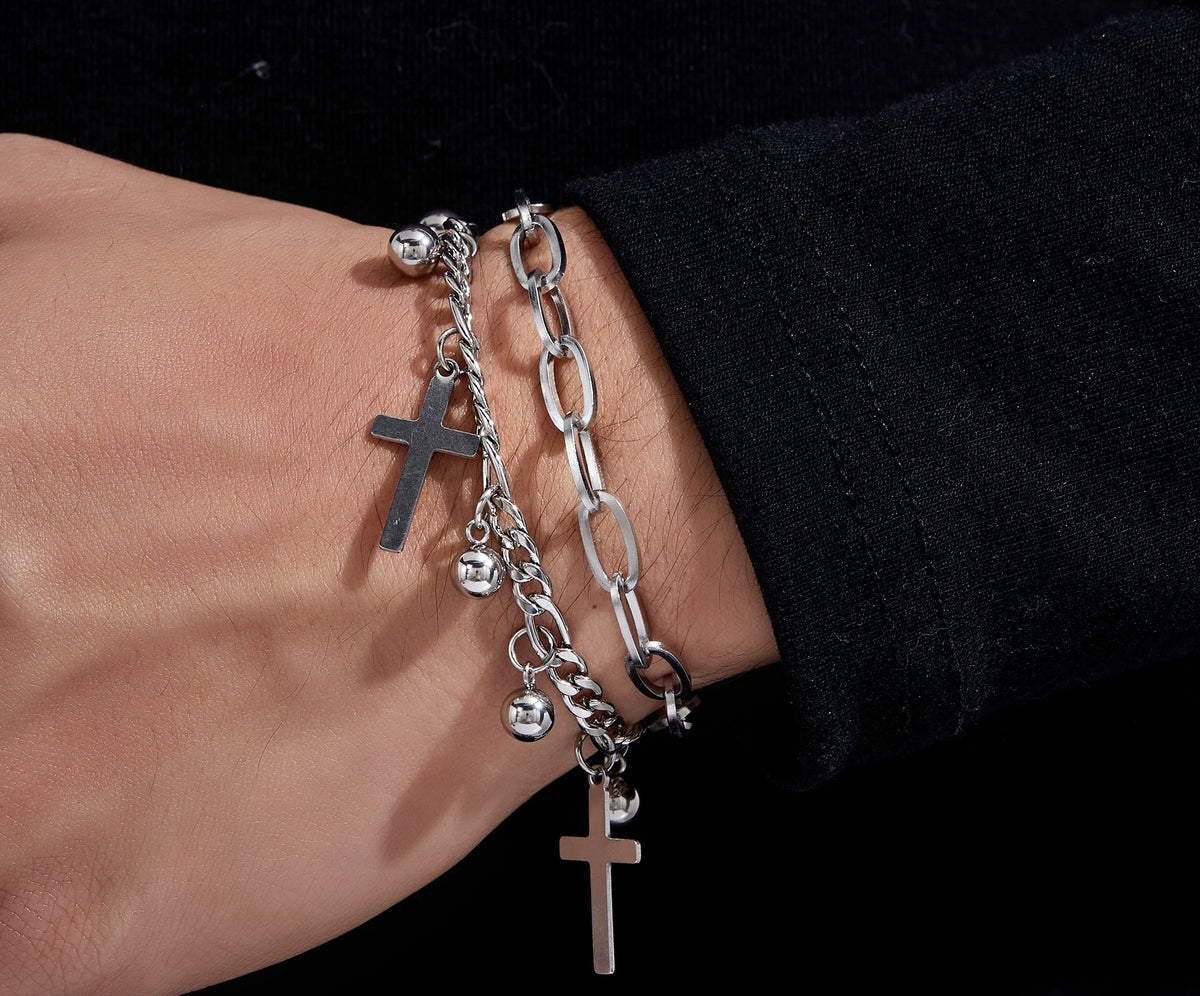 Thanatos double-layer silver bracelet with ball and cross charms