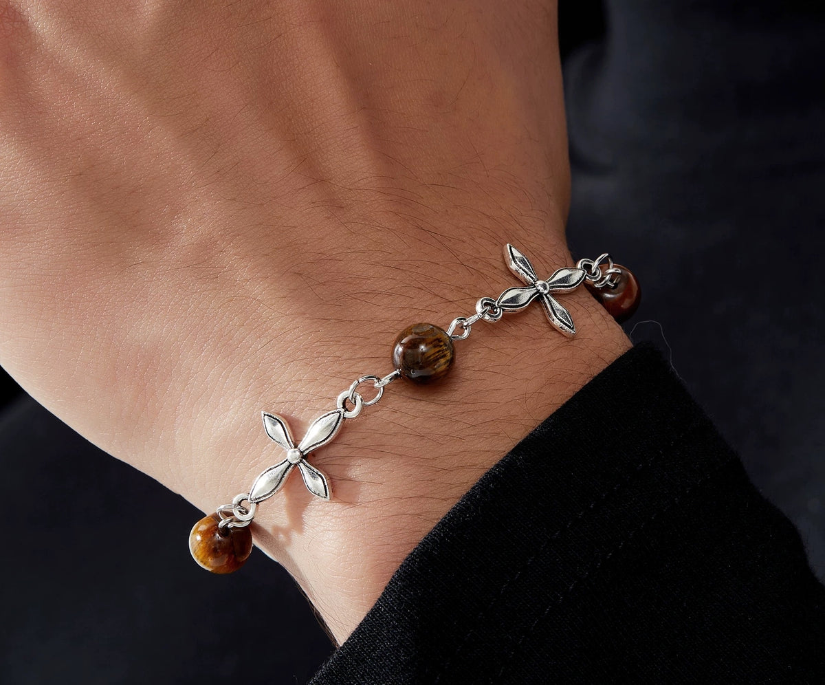 Argus tiger's eye bead bracelet with openwork silver crosses