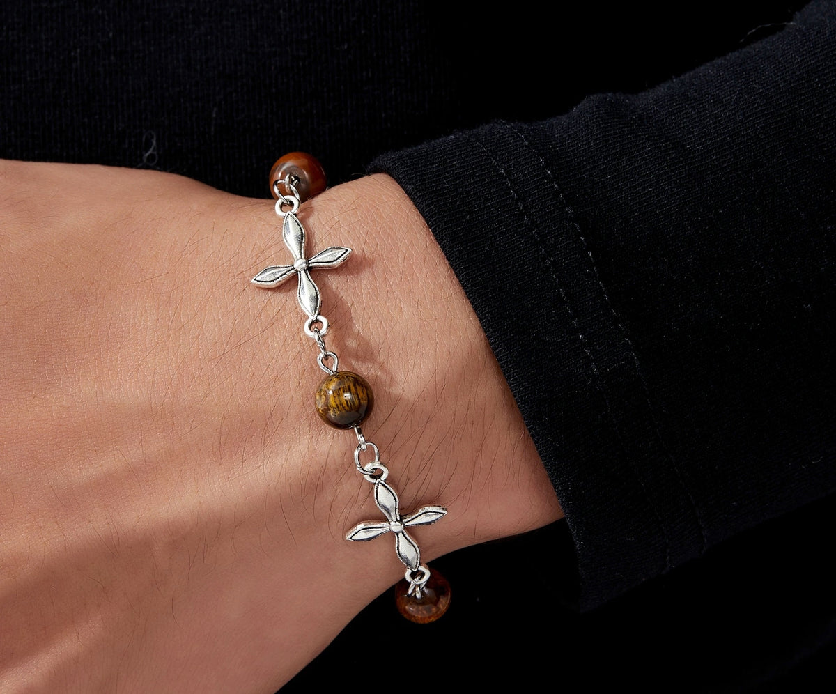 Argus silver chain bracelet with warm brown tiger's eye beads