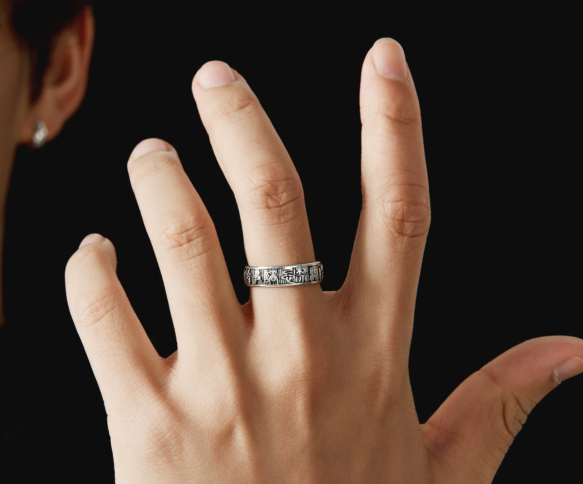 Fortuna wide 925 silver ring with engraved character details