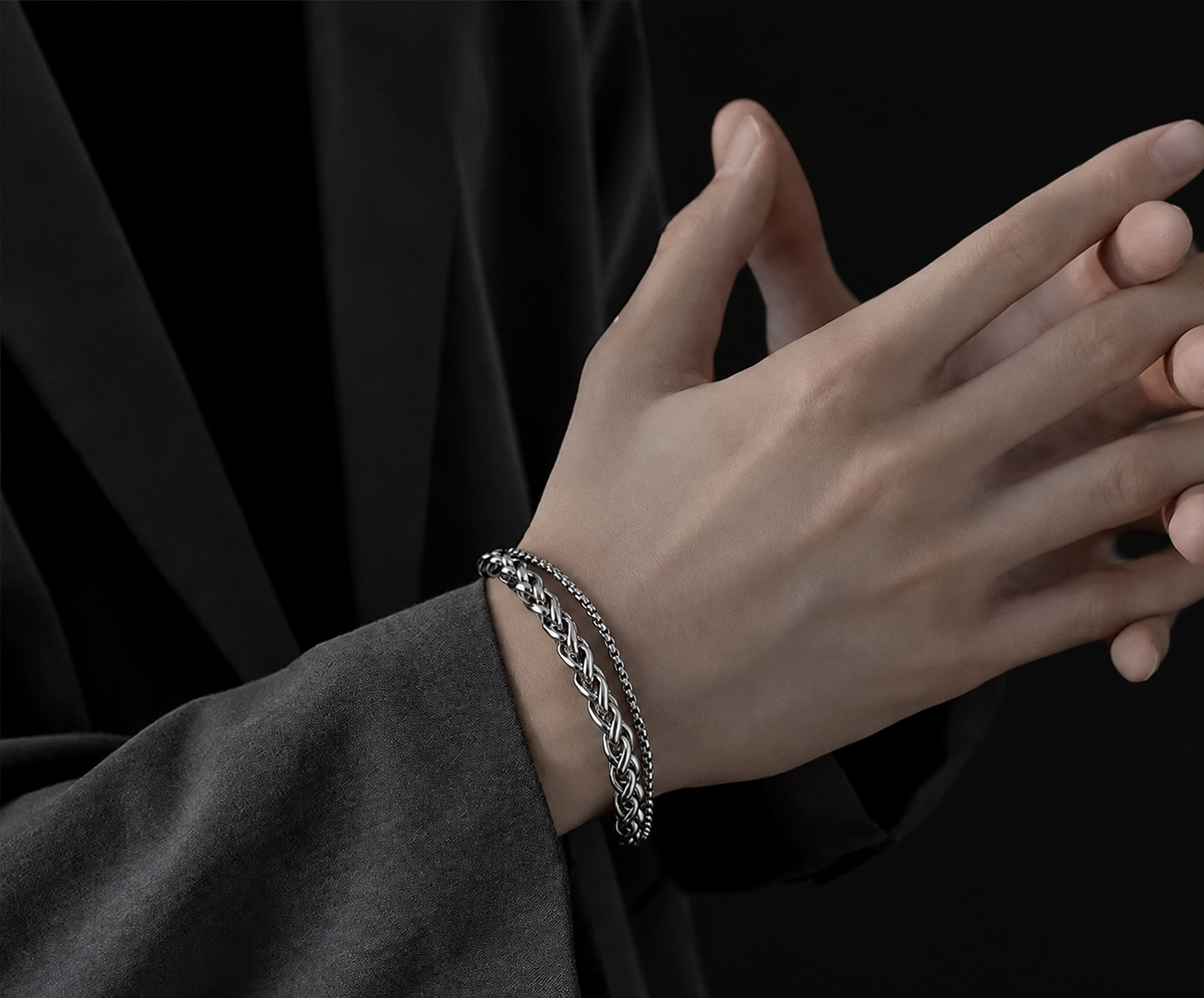 Orcus men's layered wheat-chain sterling silver bracelet worn on the wrist