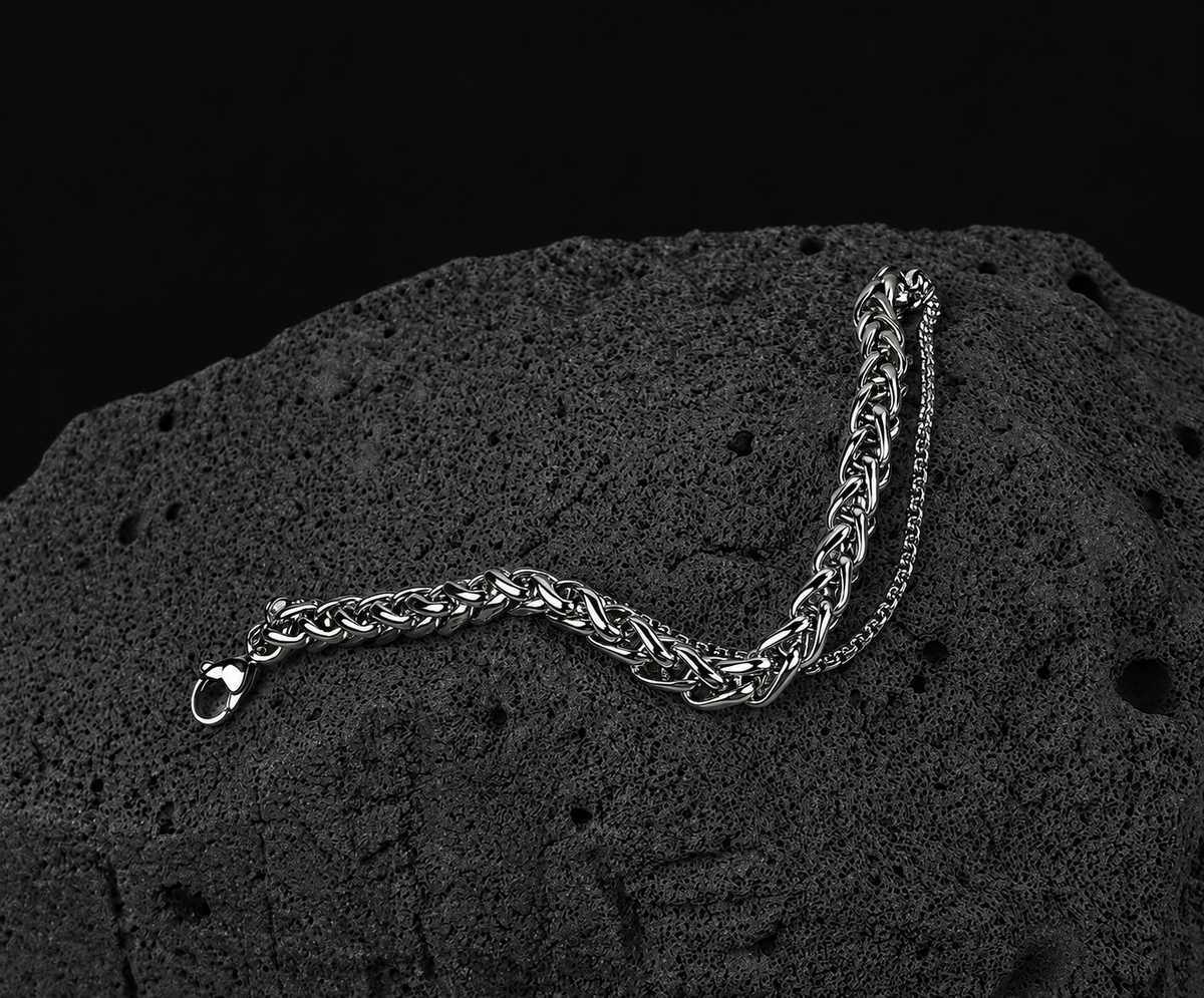 Orcus layered sterling silver wheat-chain bracelet laid out flat