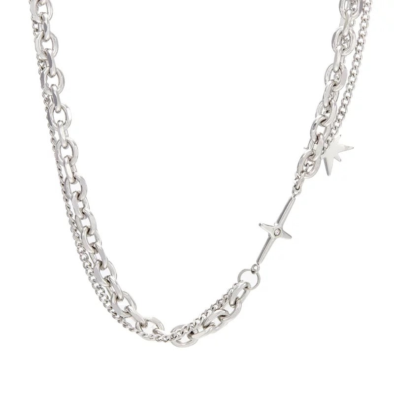 Nyx double-chain silver necklace with celestial pendants