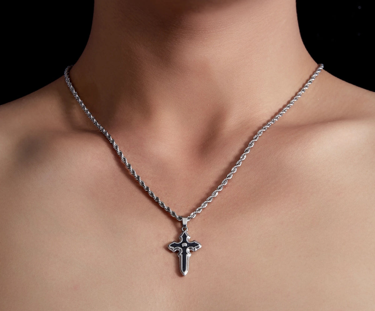 Ares 925 silver twisted-rope necklace with sword cross pendant