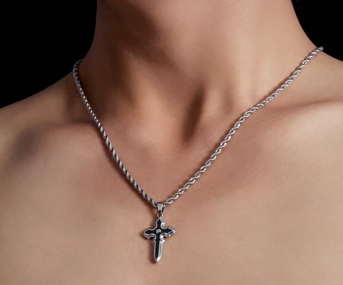 Ares black drip-glaze sword cross pendant on silver rope chain
