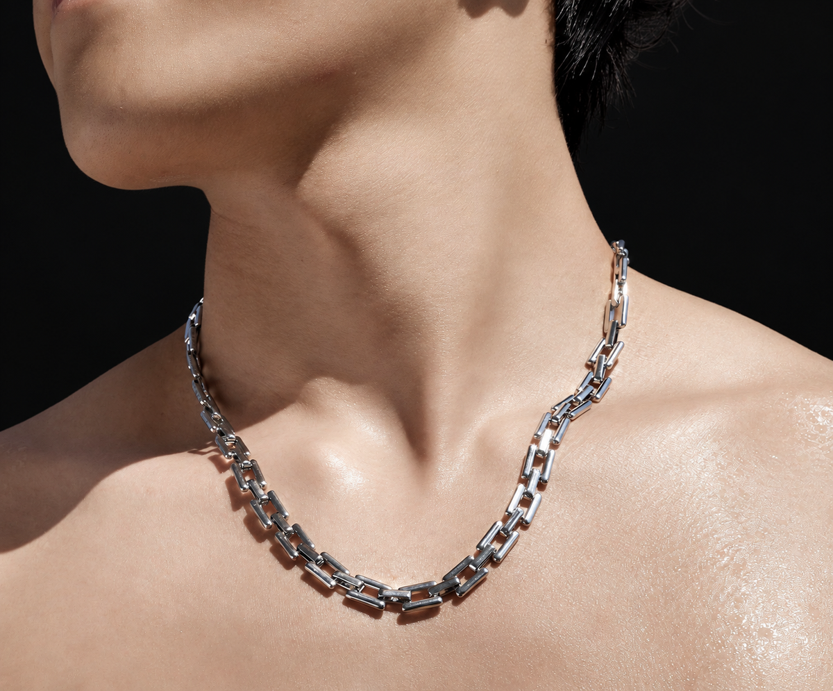 Tartarus men's 925 sterling silver geometric-link necklace worn on the neck