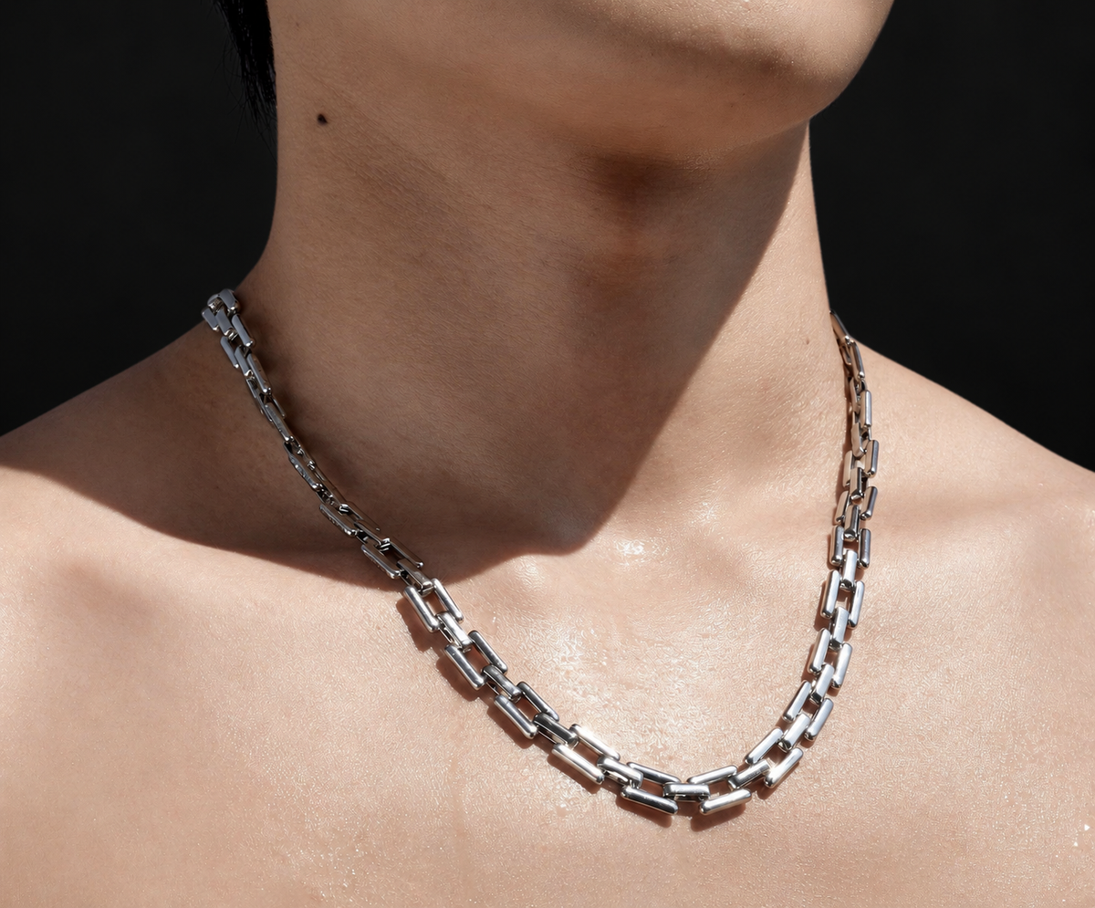 Tartarus sterling silver rectangular-link chain necklace, side view on model